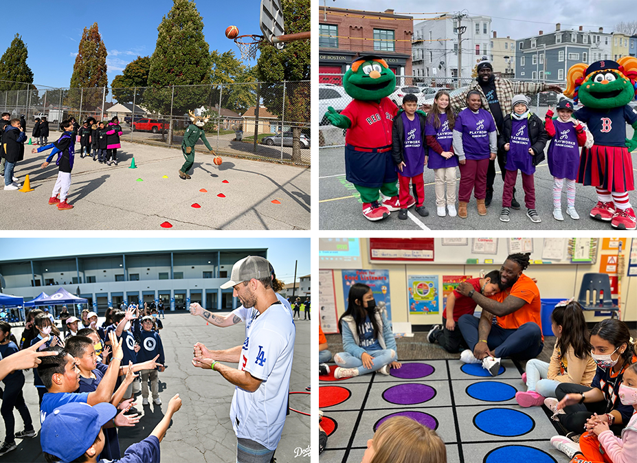 athletes playing with students